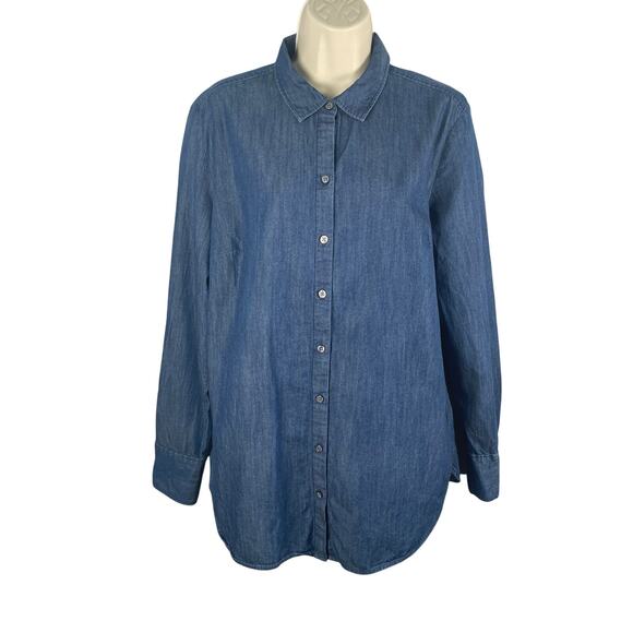 Ann Taylor Tops - Ann Taylor Button Front Shirt Womens Large‎ Blue Chambray Long Sleeve Tunic